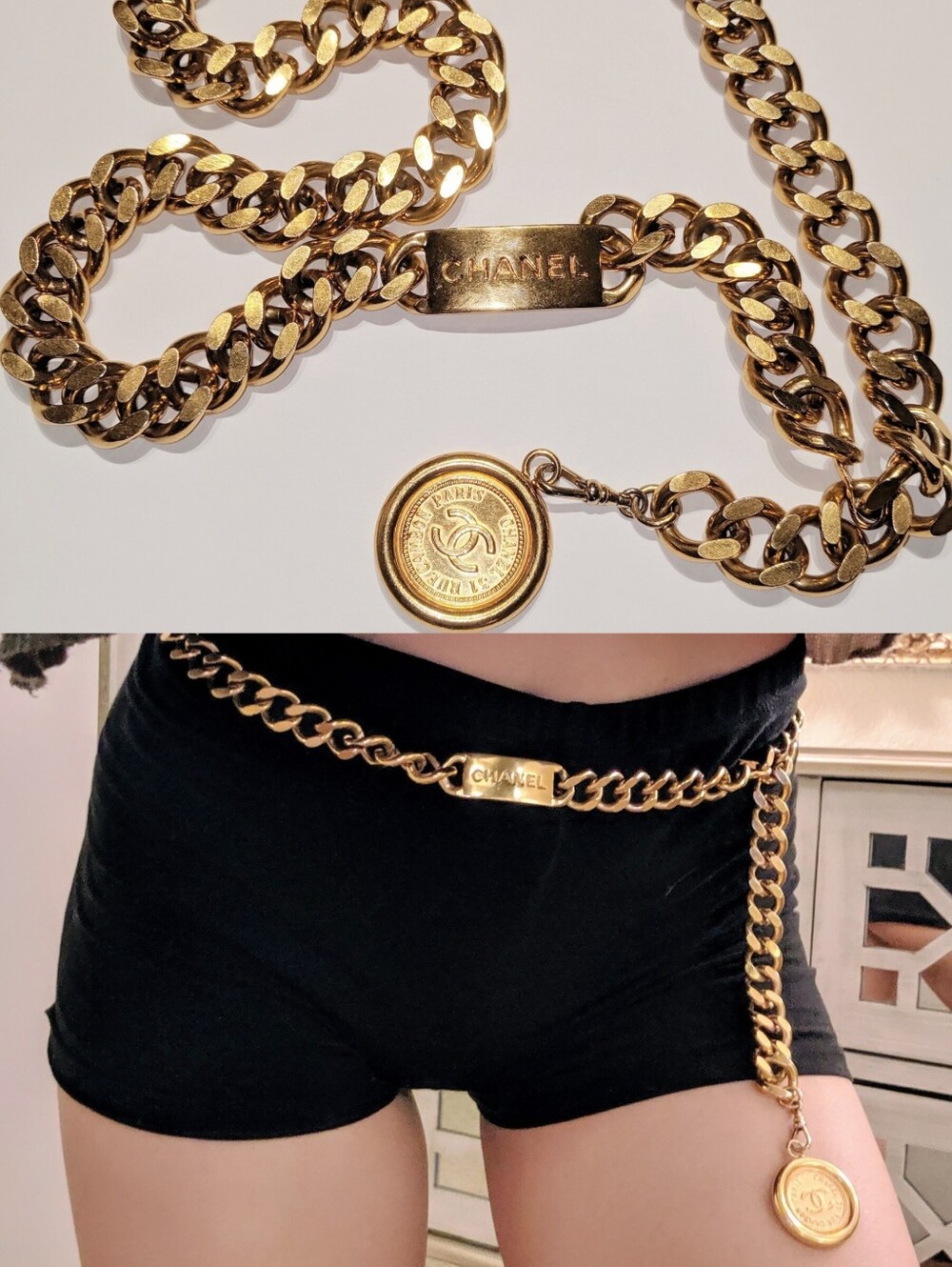 CHANEL Gold-Tone Chain Belt with Medallion